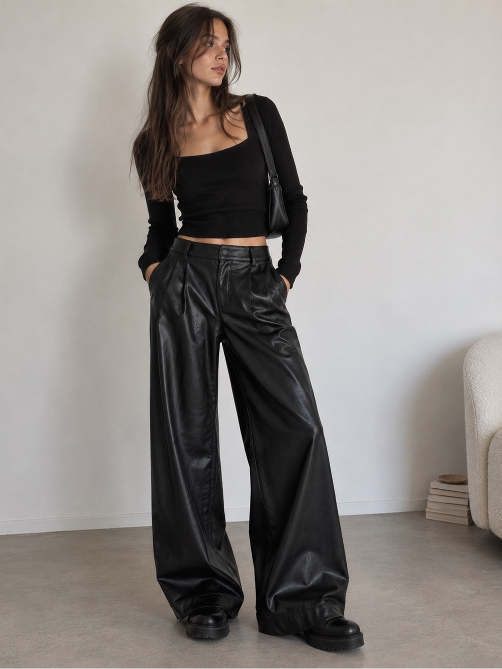 Wide-Leg Faux Leather Pants - Black TOPSHOP